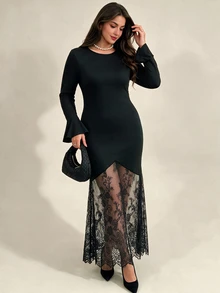 Elegantrix Plus Size Women's Autumn/Winter Bell Sleeve Lace Patchwork Elegant Party Dress Fall - Black - View 3