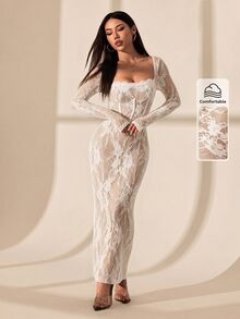 SHEIN PETITE 女款黑色蕾絲方領性感約會之夜派對洋裝 夏季 - 白色 - 查看 1