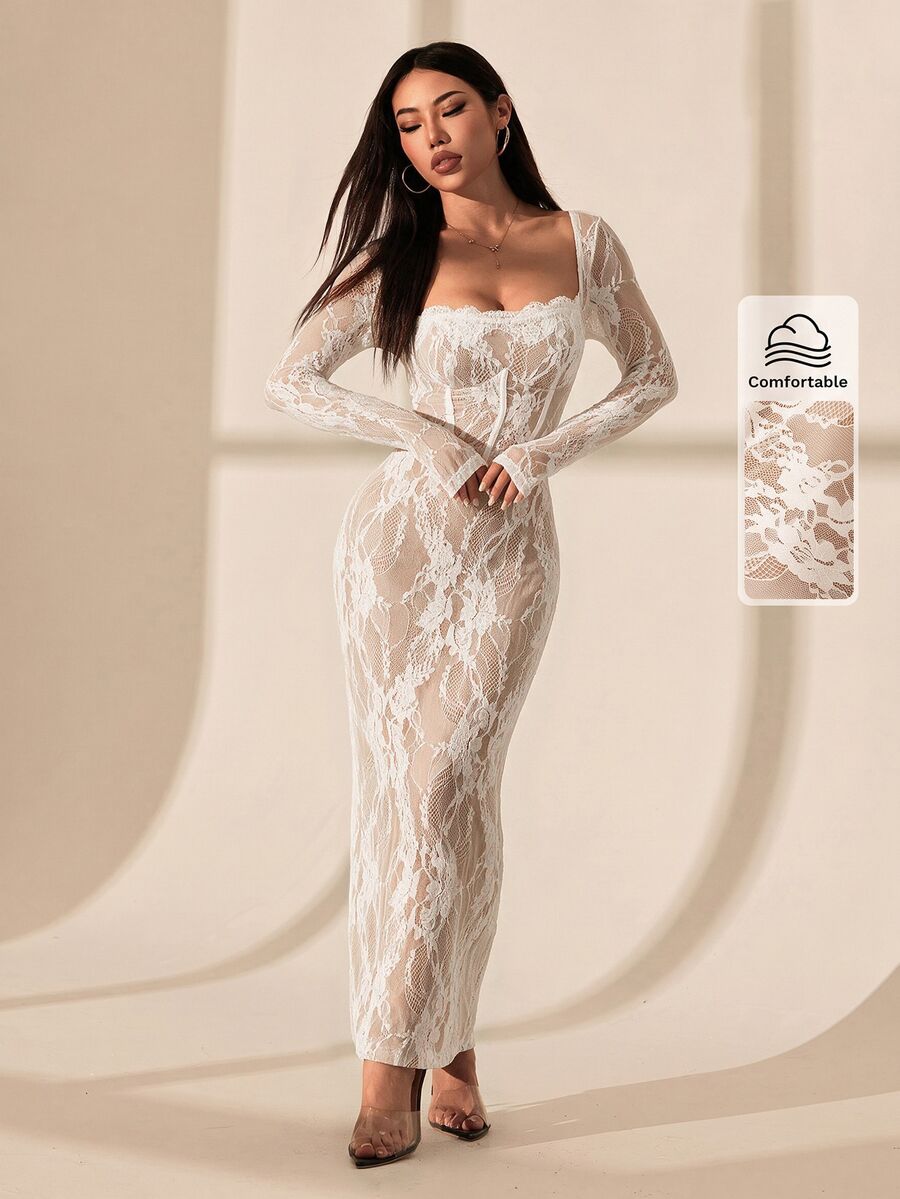 SHEIN PETITE 女款黑色蕾絲方領性感約會之夜派對洋裝 夏季 - 白色 - 查看 1