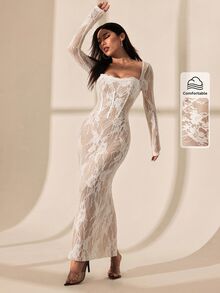 SHEIN PETITE 女款黑色蕾絲方領性感約會之夜派對洋裝 夏季 - 白色 - 查看 7