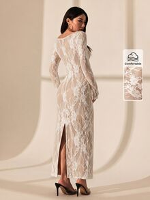 SHEIN PETITE 女款黑色蕾絲方領性感約會之夜派對洋裝 夏季 - 白色 - 查看 6