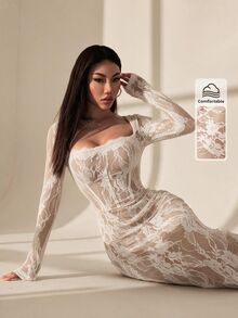 SHEIN PETITE 女款黑色蕾絲方領性感約會之夜派對洋裝 夏季 - 白色 - 查看 3