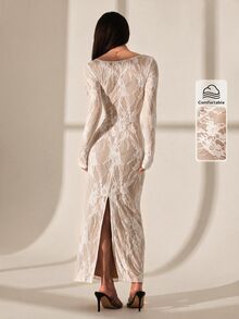 SHEIN PETITE 女款黑色蕾絲方領性感約會之夜派對洋裝 夏季 - 白色 - 查看 2