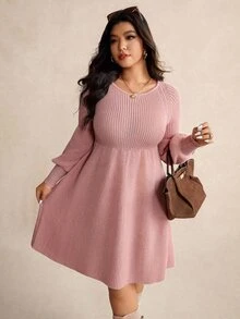 SHEIN CURVE+ Women's Plus Size Knit Dress 22W, Autumn/Winter Pink Knit Dress - Pink - View 5