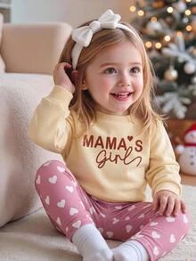 SHEIN Baby Girl Fleece Thick Drop Shoulder Letter Print Pullover Autumn Top & Elastic Heart Print Leggings Set, Suitable For Winter - Pink - View 7
