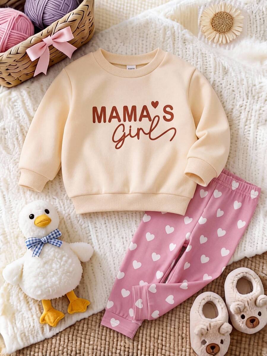 SHEIN Baby Girl Fleece Thick Drop Shoulder Letter Print Pullover Autumn Top & Elastic Heart Print Leggings Set, Suitable For Winter - Pink - View 1