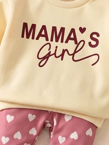 SHEIN Baby Girl Fleece Thick Drop Shoulder Letter Print Pullover Autumn Top & Elastic Heart Print Leggings Set, Suitable For Winter - Pink - View 5