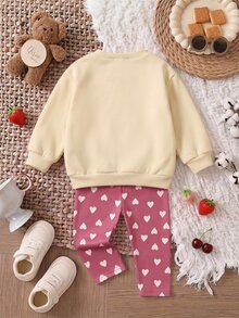 SHEIN Baby Girl Fleece Thick Drop Shoulder Letter Print Pullover Autumn Top & Elastic Heart Print Leggings Set, Suitable For Winter - Pink - View 2