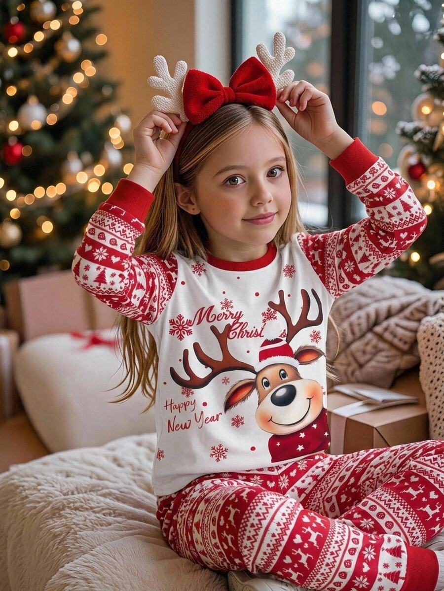 SHEIN Tween Girls Tween Girl Autumn/Winter Christmas Cute Fashion Versatile Party Long Sleeve Pants Set, Daily Home Wear, Slim Fit - Red - View 1
