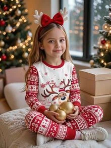 SHEIN Tween Girls Tween Girl Autumn/Winter Christmas Cute Fashion Versatile Party Long Sleeve Pants Set, Daily Home Wear, Slim Fit - Red - View 3