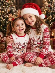 SHEIN Tween Girls Tween Girl Autumn/Winter Christmas Cute Fashion Versatile Party Long Sleeve Pants Set, Daily Home Wear, Slim Fit - Red - View 4