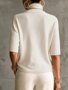 SHEIN New Spring Fall Sophisticated Turtleneck Knit Top Women Ribbed Cuff Elbow Sleeve Relaxed Straight Hem - White - View 2