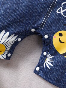 SHEIN Playful Pals Baby Boy Summer Casual Denim Effect Bee Printed Patchwork Short Sleeve Romper - Yellow - View 4