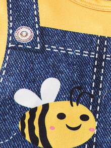 SHEIN Playful Pals Baby Boy Summer Casual Denim Effect Bee Printed Patchwork Short Sleeve Romper - Yellow - View 5