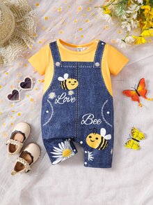 SHEIN Playful Pals Baby Boy Summer Casual Denim Effect Bee Printed Patchwork Short Sleeve Romper - Yellow - View 1