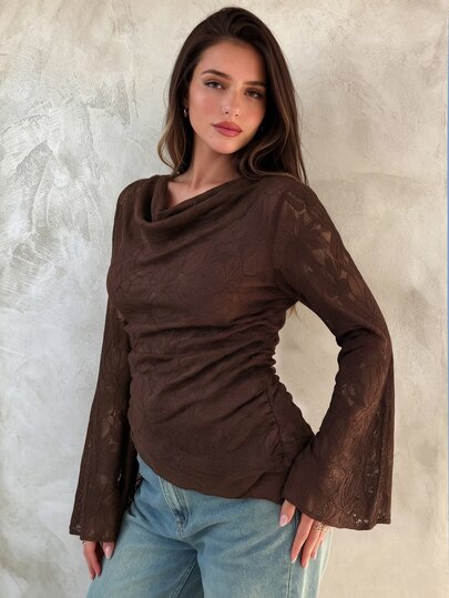 Elegantrix Women's Plus Size Autumn Single Piece Cowl Neck Floral Lace Flare Sleeve Blouse, Waist-Cinching Asymmetrical Hem Slim Fit French Gentle Style Commute Long Sleeve Lace Top