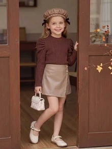 Tween Girls Elegant Brushed Ribbed Top & PU Leather Skort Outfit Set With Fashion Beret Hat For Fall - Mocha Brown - View 4