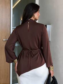Elegantrix Women's Plus Size Elegant Asymmetrical Twisted Ruched Hem Flared Long Sleeve Slimming Blouse Fall - Brown - View 5