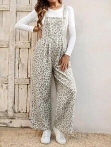 Boho Mama Maternity Fashion Leopard Print Pocket Denim Overalls Cowgirl Outfits For Women - Apricot - View 4