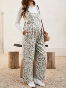 Boho Mama Maternity Fashion Leopard Print Pocket Denim Overalls Cowgirl Outfits For Women - Apricot - View 3
