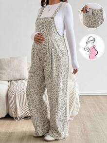 Boho Mama Maternity Fashion Leopard Print Pocket Denim Overalls Cowgirl Outfits For Women - Apricot - View 1