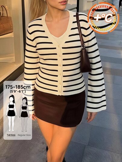 SHEIN Tall كارديجان محبوك طويل الأكمام للنساء الطويلات بخطوط سوداء وبيضاء
