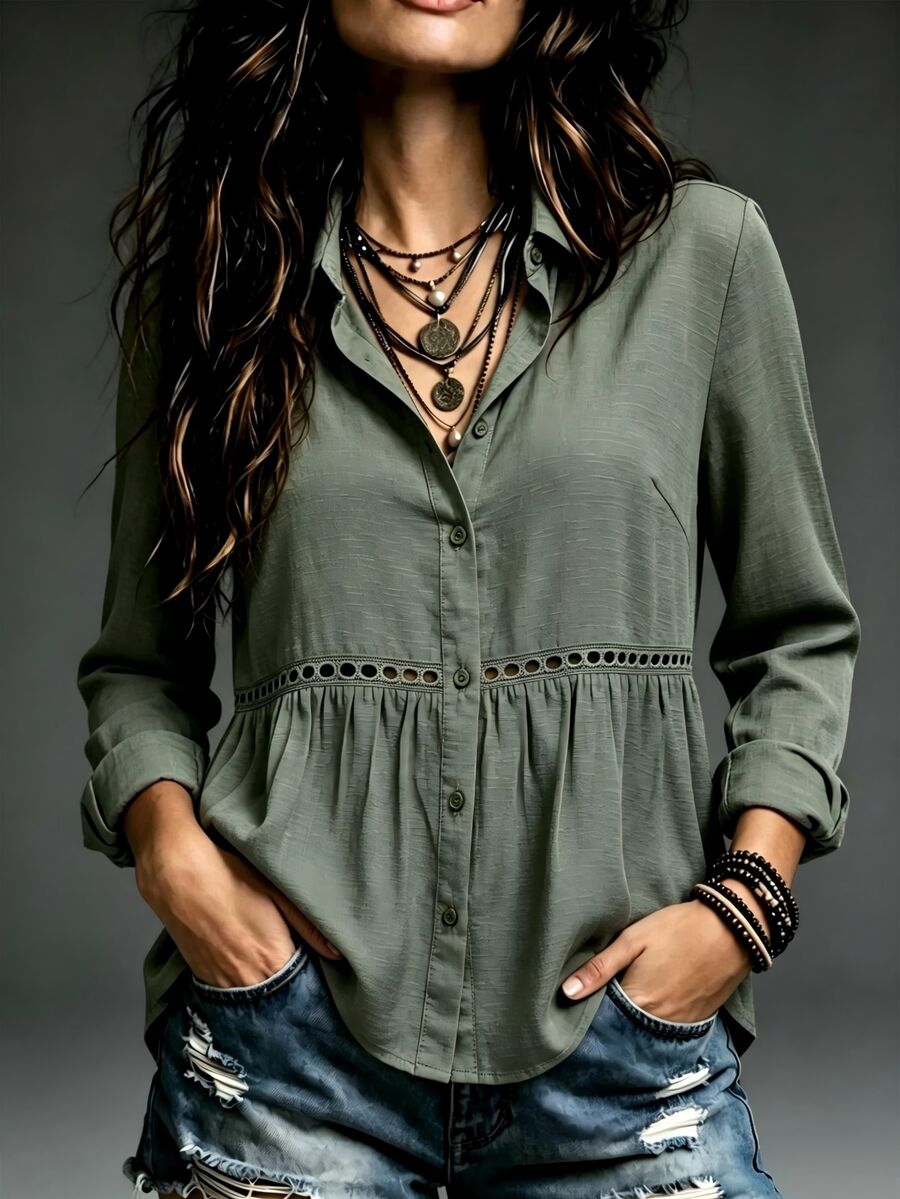 MYSTAURA Women's Fashion Casual Button Lace Patchwork Daily Shirt - Dark Grey - View 1