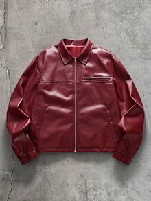 AXEPEAK Men's PU Leather Zip-Up Jacket With Lapel Collar And Long Sleeves, Style - Burgundy - View 2