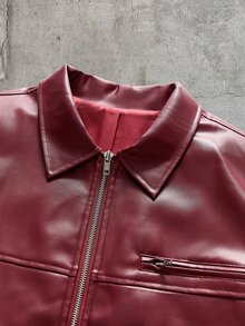 AXEPEAK Men's PU Leather Zip-Up Jacket With Lapel Collar And Long Sleeves, Style - Burgundy - View 4