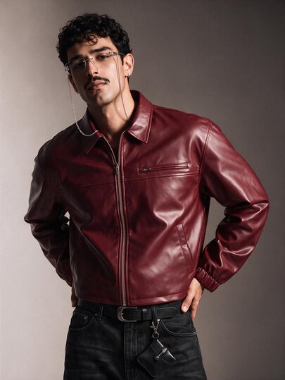 AXEPEAK Men's PU Leather Zip-Up Jacket With Lapel Collar And Long Sleeves, Style