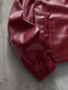 AXEPEAK Men's PU Leather Zip-Up Jacket With Lapel Collar And Long Sleeves, Style - Burgundy - View 5
