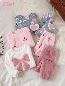 SHEIN 4pcs Baby Girl Pink Bow Embroidery Pullover Round Neck Autumn Top Cherry Plush Outfit Set Suitable For Winter - Pink - View 1