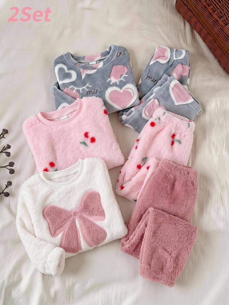 SHEIN 4pcs Baby Girl Pink Bow Embroidery Pullover Round Neck Autumn Top Cherry Plush Outfit Set Suitable For Winter - Pink - View 1