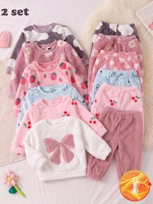 SHEIN 4pcs Baby Girl Pink Bow Embroidery Pullover Round Neck Autumn Top Cherry Plush Outfit Set Suitable For Winter - Pink - View 7
