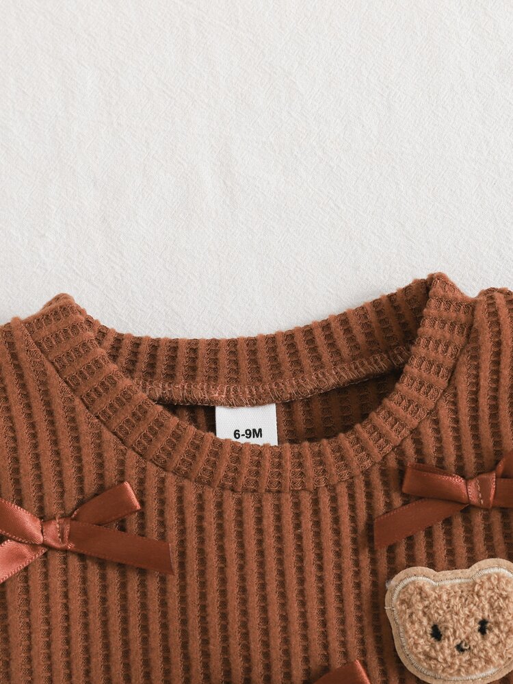 Elladie kids 2Pcs Toddler Baby Girl T-Shirt Pants Set Cute Sweet Brown Khaki Plaid Bow Bear Patch Long Sleeve Round Neck Thick Holiday Party Fall Sweaters Outfits - Coffee Brown - View 3