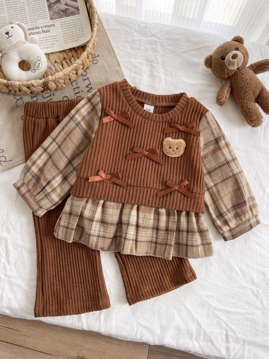 Elladie kids 2件組幼兒女嬰T恤長褲套裝，可愛甜美棕色卡其格紋蝴蝶結熊貼布，長袖圓領加厚秋季節日派對毛衣套裝 - 咖啡棕 - 查看 1
