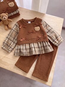 Elladie kids 2件組幼兒女嬰T恤長褲套裝，可愛甜美棕色卡其格紋蝴蝶結熊貼布，長袖圓領加厚秋季節日派對毛衣套裝 - 咖啡棕 - 查看 7