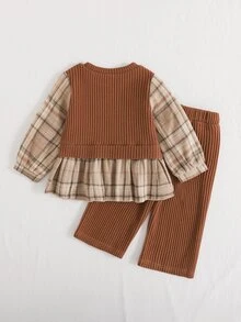 Elladie kids 2件組幼兒女嬰T恤長褲套裝，可愛甜美棕色卡其格紋蝴蝶結熊貼布，長袖圓領加厚秋季節日派對毛衣套裝 - 咖啡棕 - 查看 2