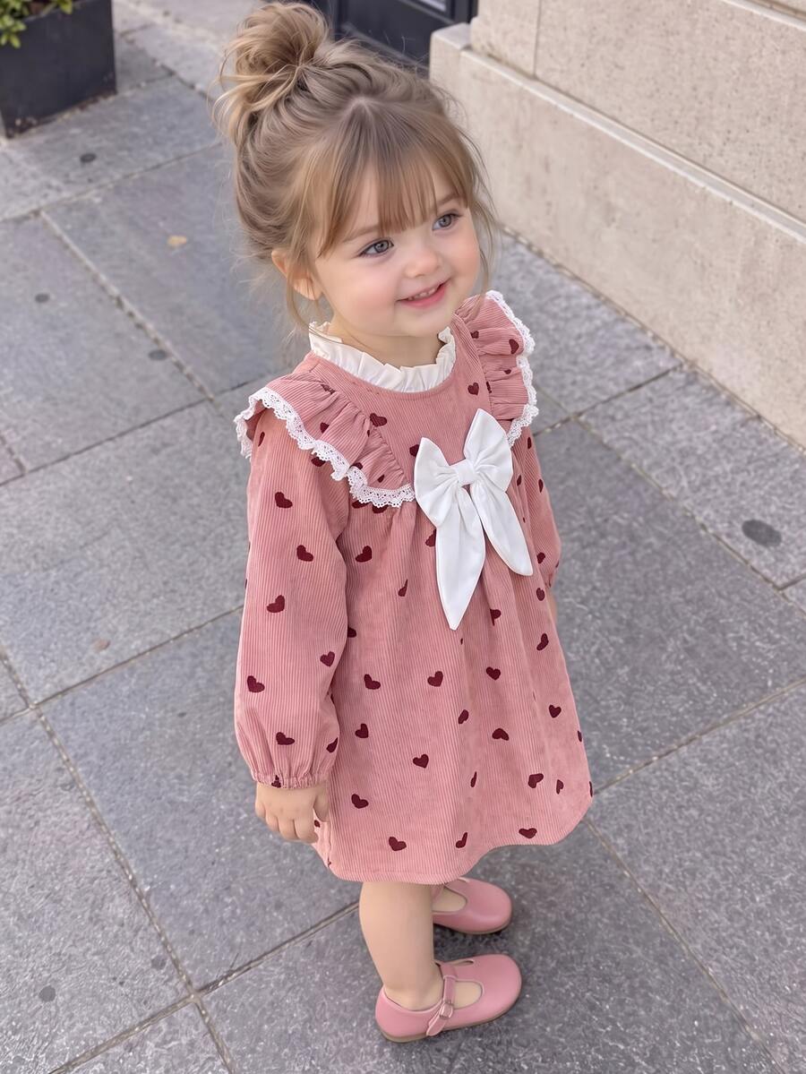 SHEIN Toddler Baby Girl Dress Cute Sweet Elegant Pink White Heart Ribbed Knit Lace Long Sleeve Round Neck Regular Fit Ruffled Bow Princess Ballet Ballerina - Pink - View 1