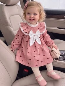 SHEIN Toddler Baby Girl Dress Cute Sweet Elegant Pink White Heart Ribbed Knit Lace Long Sleeve Round Neck Regular Fit Ruffled Bow Princess Ballet Ballerina - Pink - View 5