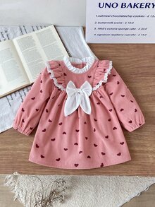 SHEIN Toddler Baby Girl Dress Cute Sweet Elegant Pink White Heart Ribbed Knit Lace Long Sleeve Round Neck Regular Fit Ruffled Bow Princess Ballet Ballerina - Pink - View 2