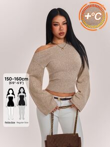 SHEIN PETITE Stylish Khaki One-Shoulder Knit Top For Petite Women (Autumn/Winter) - Khaki - View 5