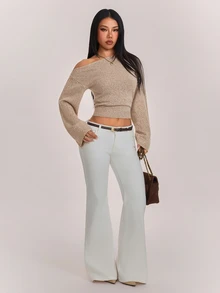 SHEIN PETITE Stylish Khaki One-Shoulder Knit Top For Petite Women (Autumn/Winter) - Khaki - View 3