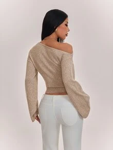 SHEIN PETITE Stylish Khaki One-Shoulder Knit Top For Petite Women (Autumn/Winter) - Khaki - View 2