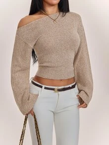 SHEIN PETITE Stylish Khaki One-Shoulder Knit Top For Petite Women (Autumn/Winter) - Khaki - View 4