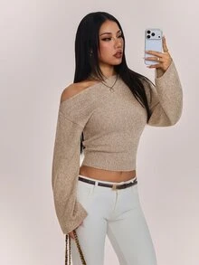 SHEIN PETITE Stylish Khaki One-Shoulder Knit Top For Petite Women (Autumn/Winter) - Khaki - View 8