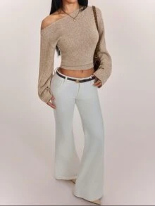 SHEIN PETITE Stylish Khaki One-Shoulder Knit Top For Petite Women (Autumn/Winter) - Khaki - View 6