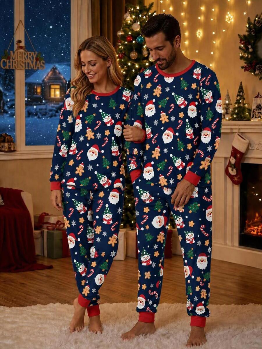 SHEIN [Excl, Baby & Kids]Men's Cartoon Print Long Sleeve Top And Pants Christmas Home Wear Set - Multicolor - View 1