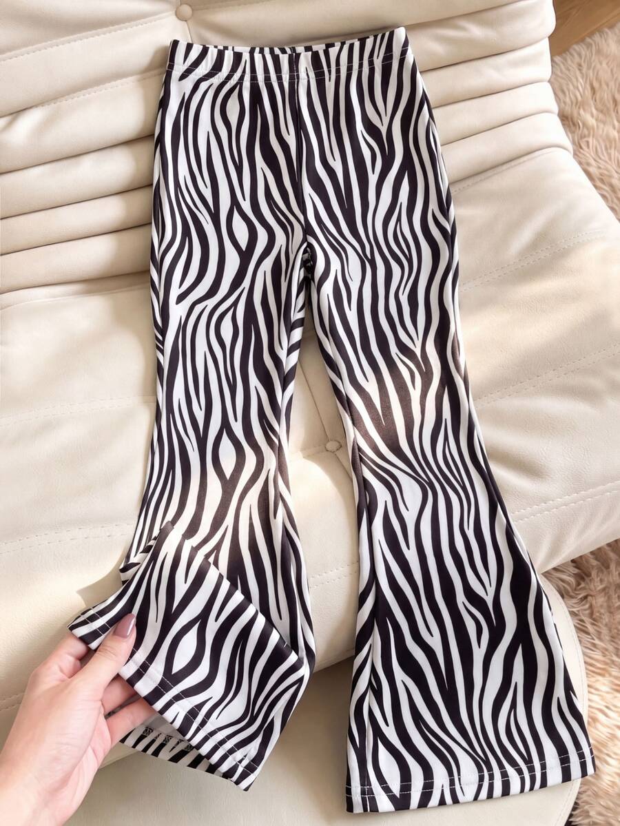 Young Girls' Fashion Animal Print Flared Casual Pants, Suitable For Leisure, Casual Outings, Spring, Summer, Autumn Black