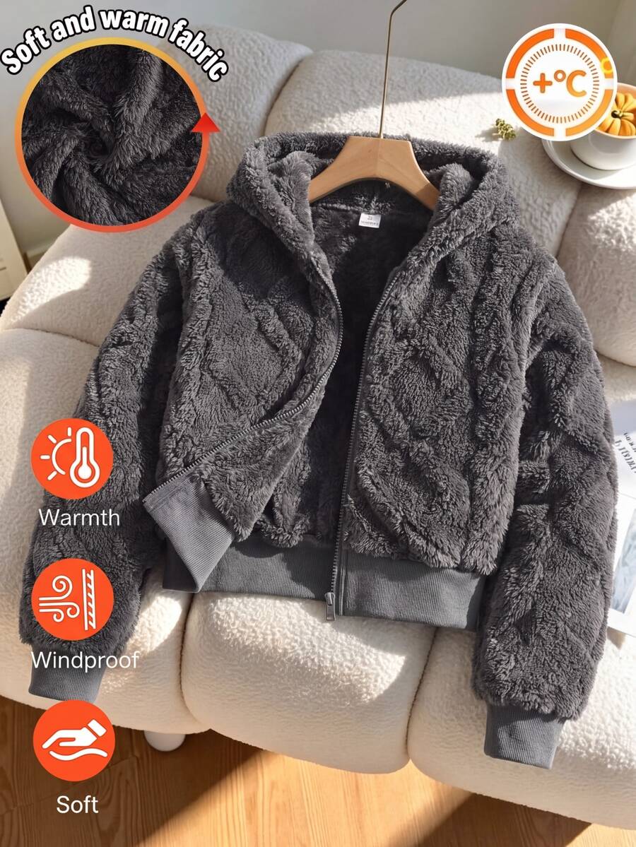 SHEIN 青少年女孩長袖毛絨抓絨連帽外套 針織菱格紋壓花拉鍊短版泰迪外套 灰色素色冬季外穿校園可愛款 - 深灰色 - 查看 1